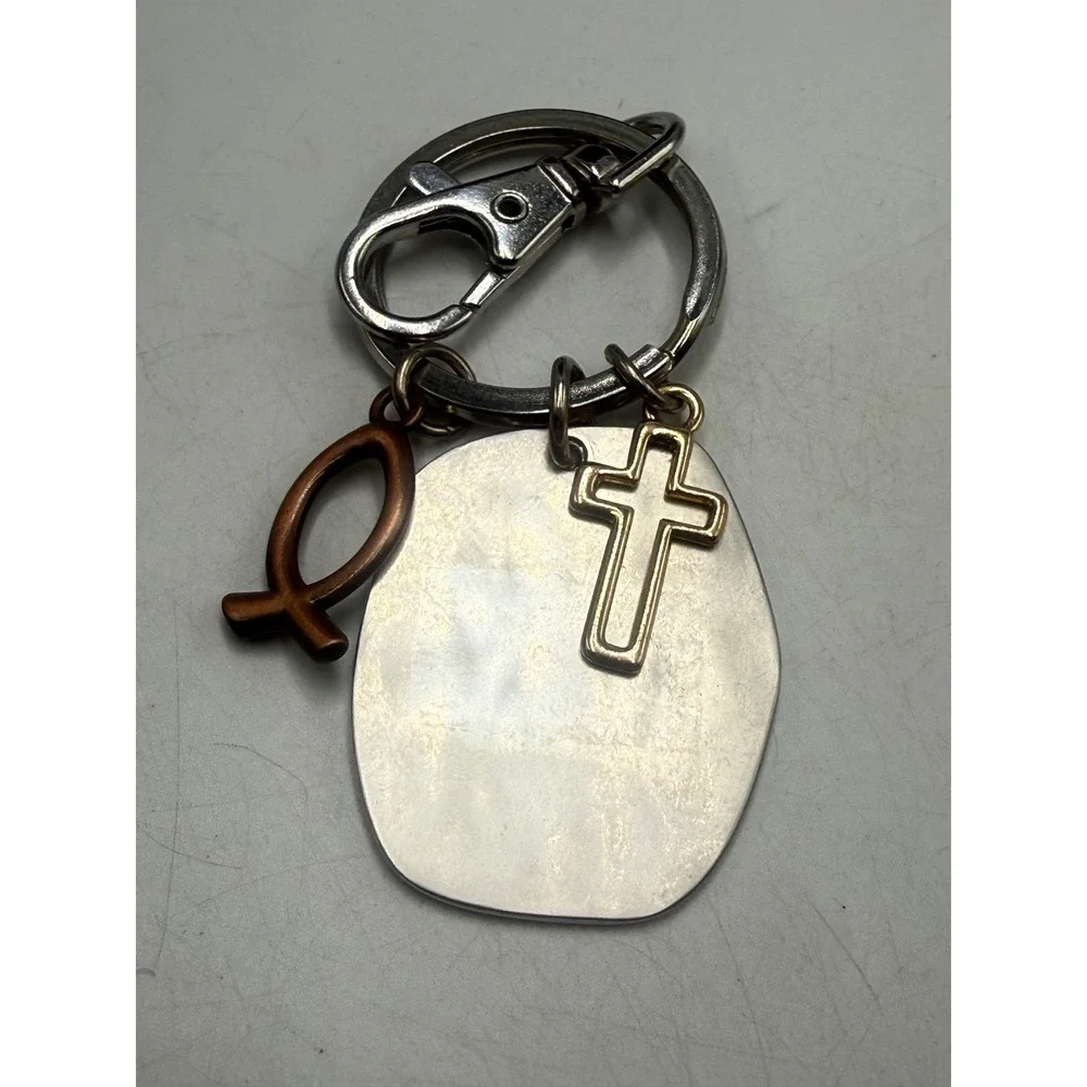 Religious Mixed Metal Keychain Enjoy the Miracle Each New Day Cross Fish Charms